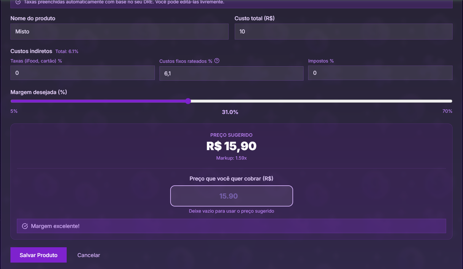 Formulário de precificação com markup, margem desejada e preço sugerido